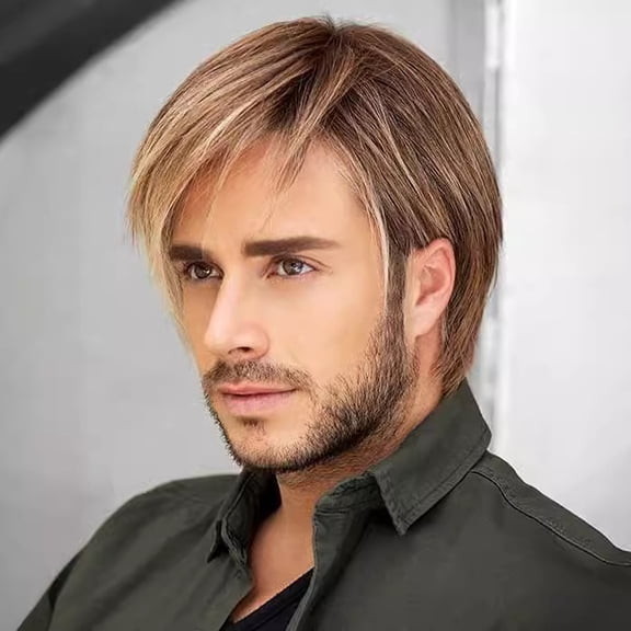 Men's golden brown short straight hair wig oblique bangs fashion wig natural and realistic style