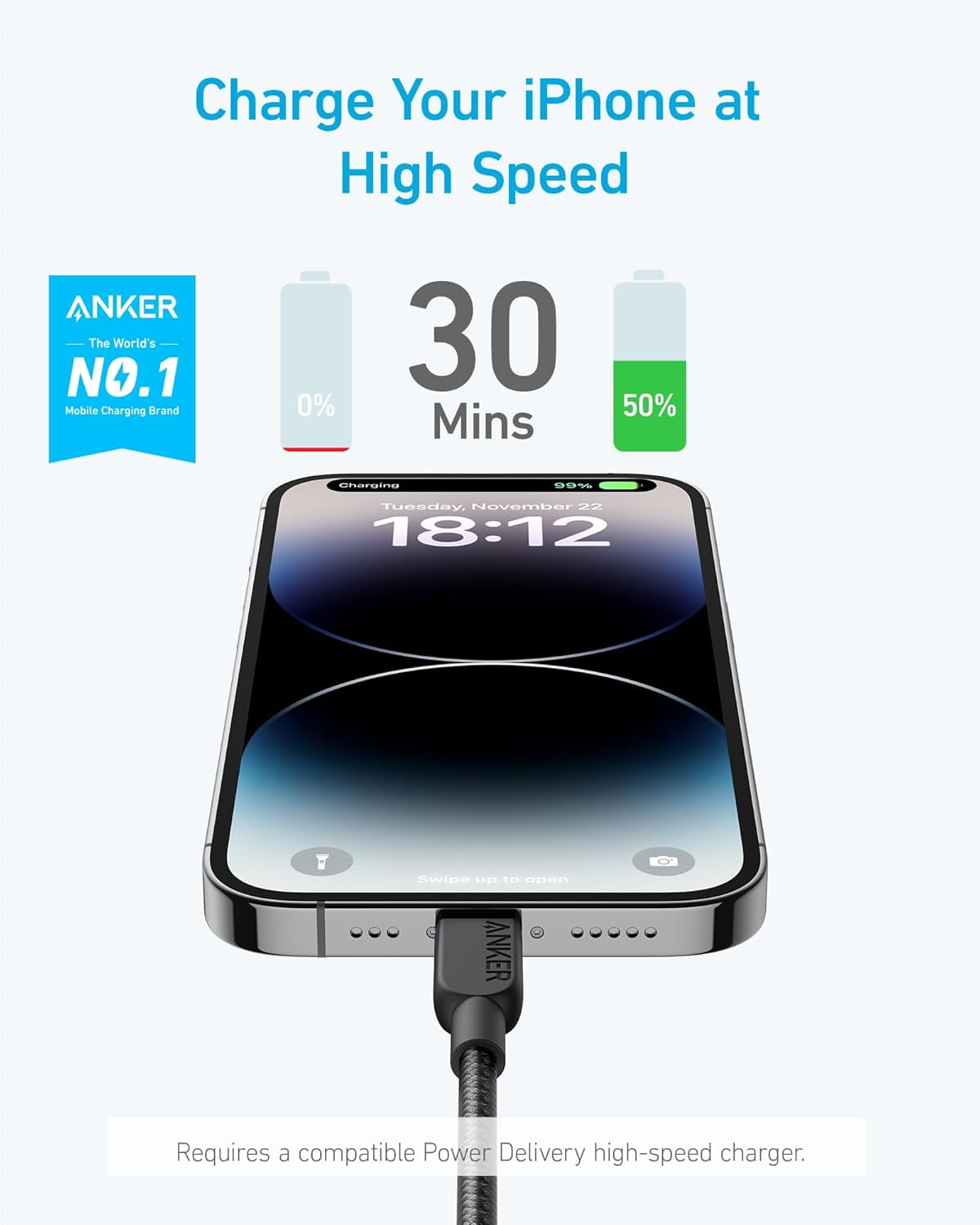 Anker Cable [2pack 6ft Braided], 310 USB C to Lightning Cable, MFi Certified Charging Cord, for iPhone 14/14Plus/14Pro Max/13/13 Pro (USB 2.0, Black)