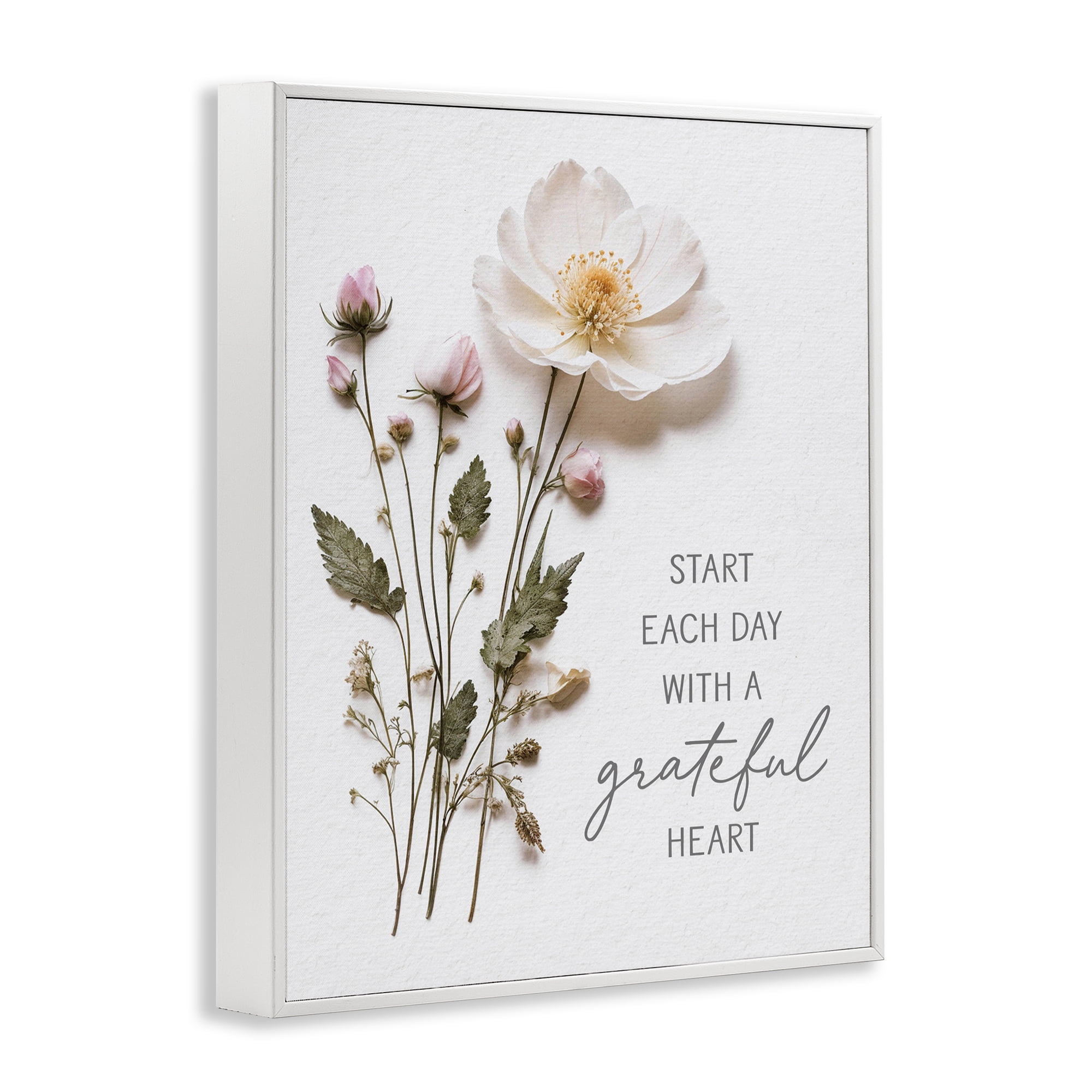 Grateful Heart Pressed Flowers White Framed Giclee Art, design by Lettered and Lined