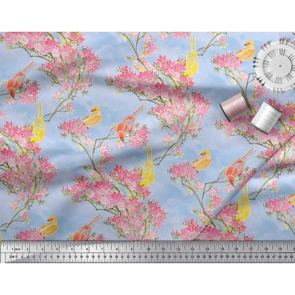 Soimoi Blue Cotton Duck Fabric Floral & Pigeon Bird Print Fabric by The Yard 44 Inch Wide