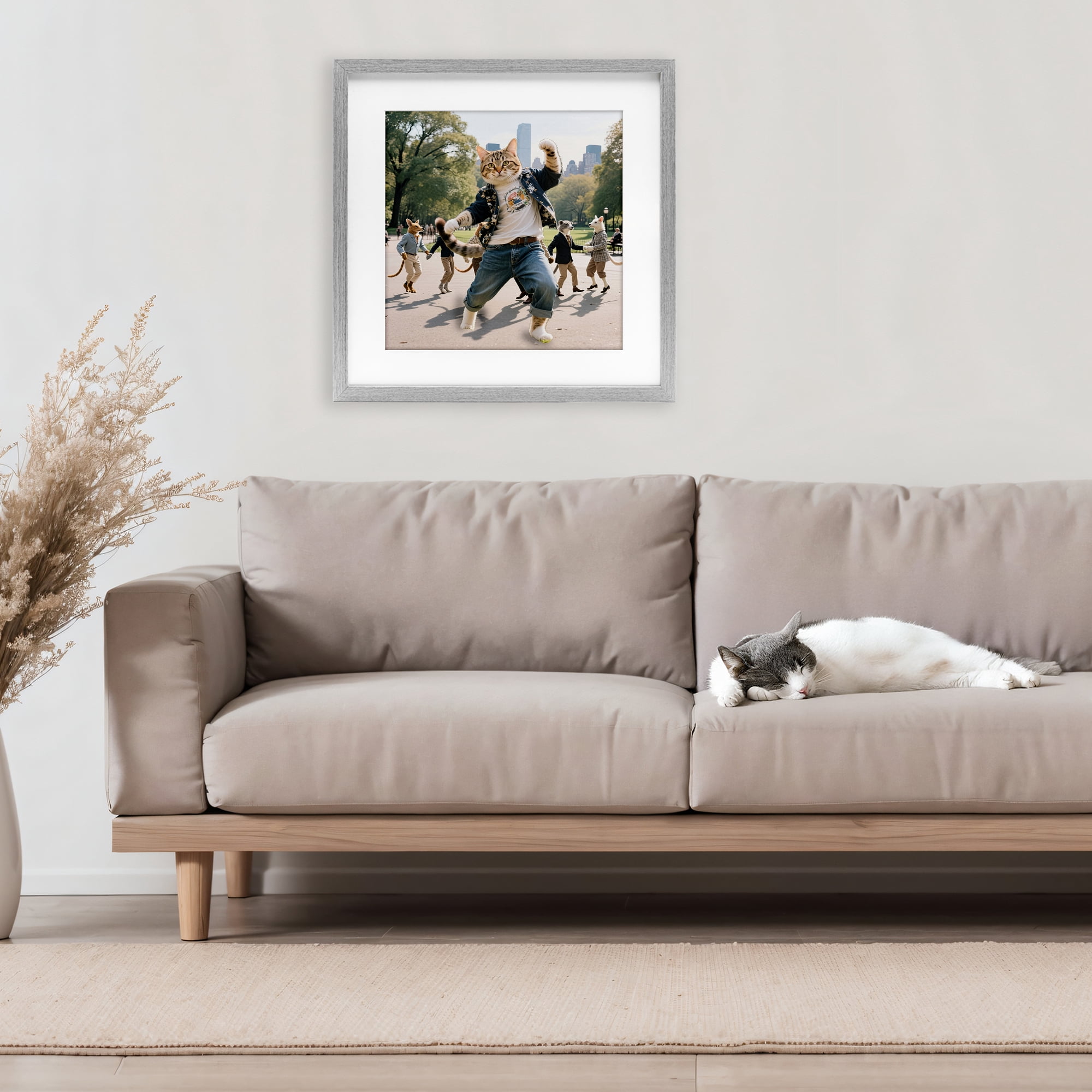 Stupell Industries Stylish Cat Dancing in Park Gray Framed Print Under Glass, design by CAD Designs