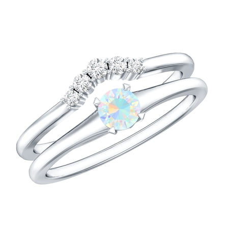 Rosec Jewels Ethiopian Opal Diamond Wedding Engagement Ring Set of 2 - AAA Quality - Minimal Opal Ring with Enhancer 10K White Gold US 3.50