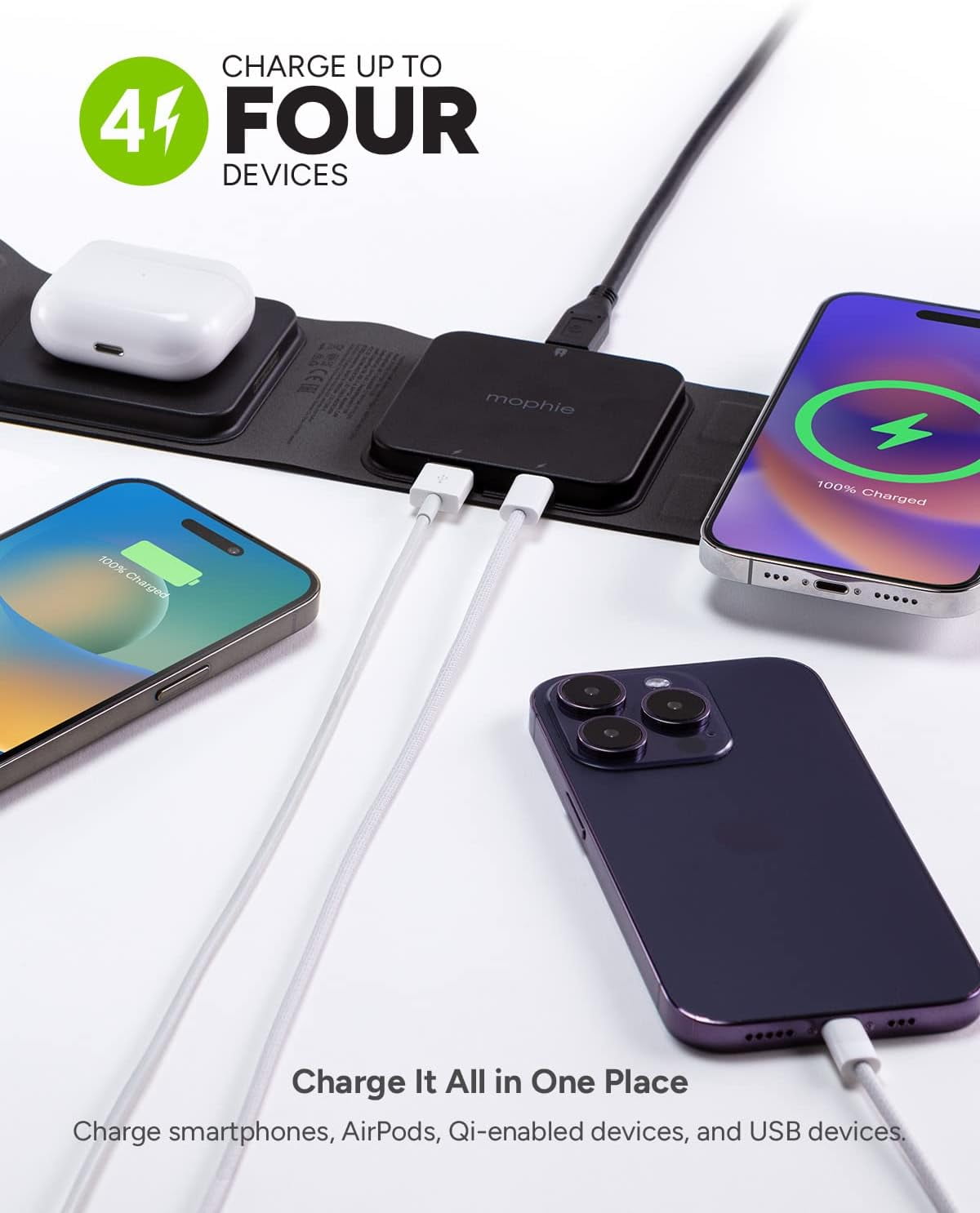 mophie Wireless 3 in 1 Travel Magnetic Wireless Charging Station Multiple Devices Compatible with Apple iPhones Google Samsung devices AirPods BYO watch charger. (watch charger not included)