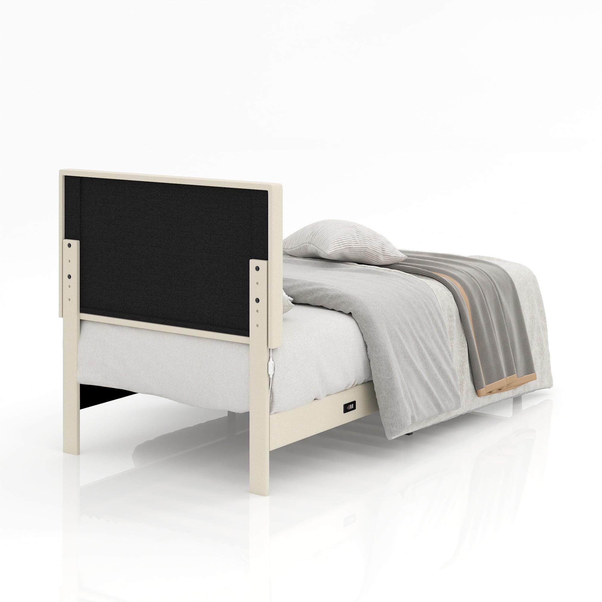 Homy Casa Upholstered Twin Bed with Tech Charging and LED Lights, Modern Headboard, Beige