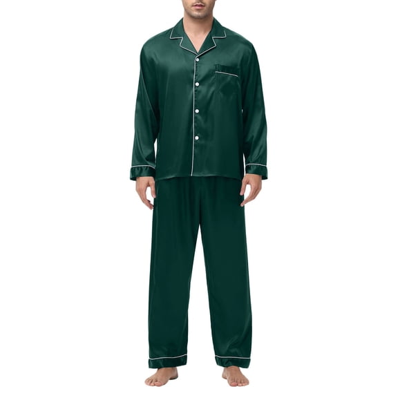 Lopecy-Sta Long Sleeve Pajamas for Men Father's Day Gift Mens Silk Satin Pajamas Set Long Sleeve Sleepwear Button-Down Pj Two-Piece Loungewear with Long Pants