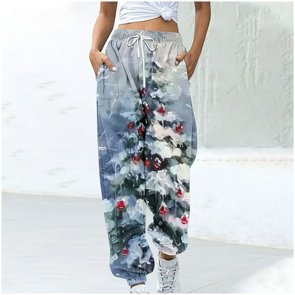 WXLWZYWL Women Merry Christmas Sweatpants Drawstring Jogger Snowflake Fun Print Elastic Waist Casual Trousers Warm Comfy Pants with Pockets