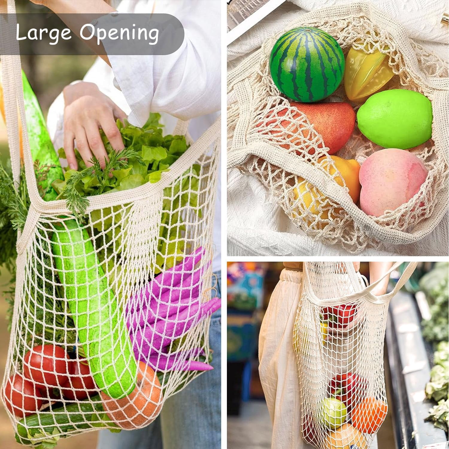 YEKEYI Net Shopping Bag Reusable Grocery Bags Net Storage Bag Long Handle Cotton Mesh Net Tote Bag Fruit Vegetable Net Bags Organizer