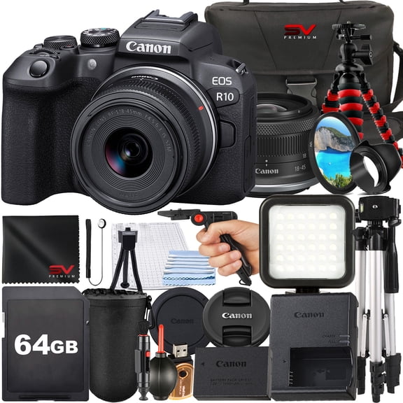 Canon EOS R10 Mirrorless Camera with RF-S 18-45mm Lens   SanDisk 64GB Memory Card   Case   Tripod   SV Premium Accessory Bundle