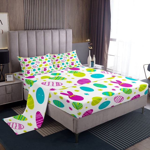 Erosebridal Colorful Easter Eggs Sheet Set Queen, Cartoon Rabbit Bedding Sets Queen Size, Happy Easter Decor