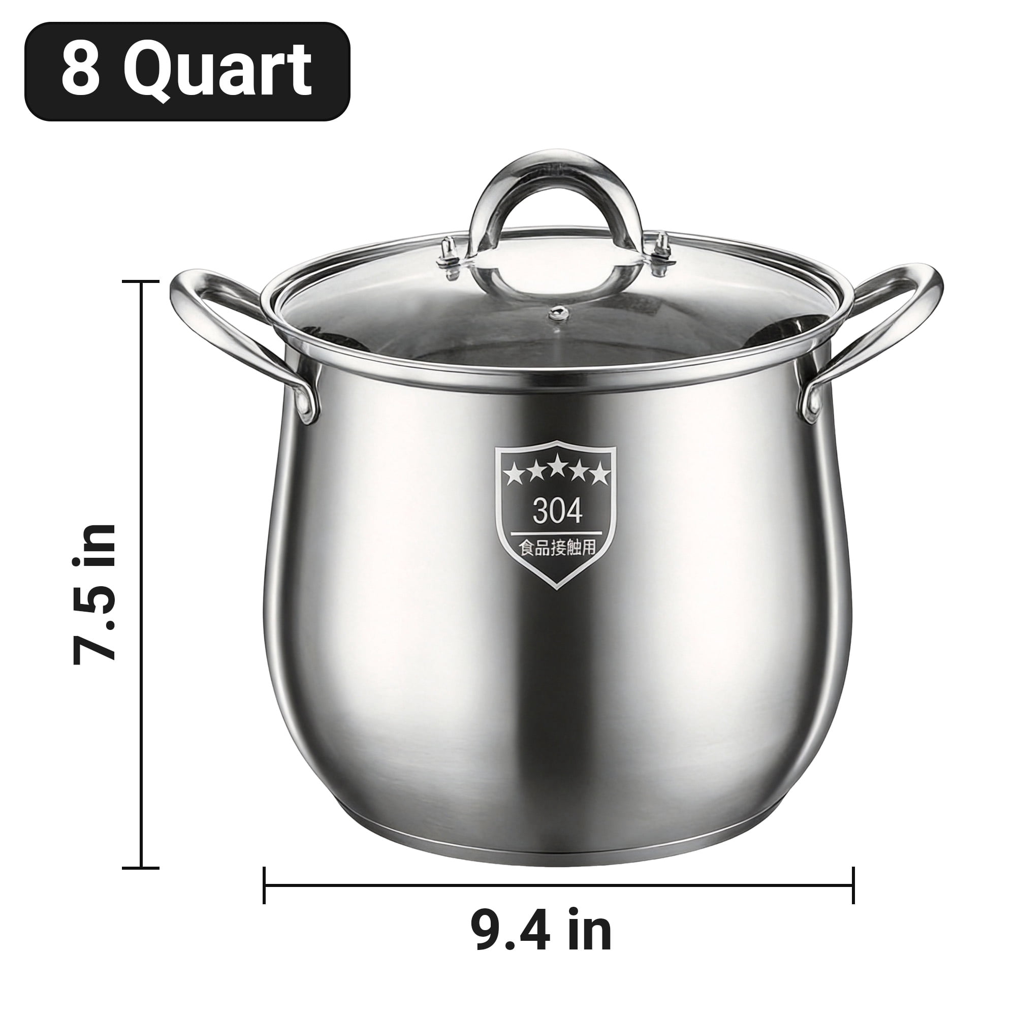 GARITIN Stainless Steel Stock Pot, 8 Quart Induction Cookware with Glass Lid, Nonstick Cooking Pot for Pasta Soup Canning Boiling Simmering
