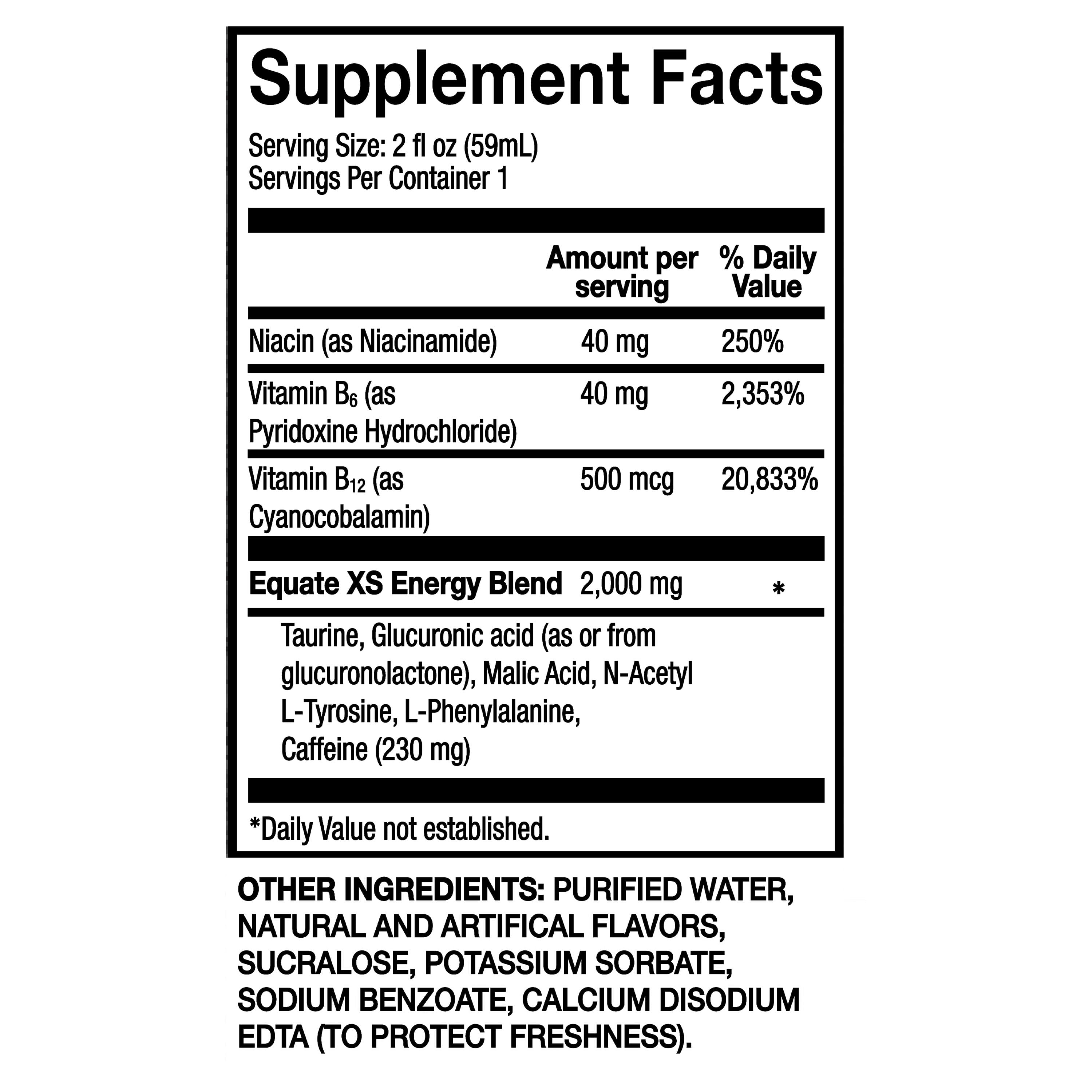 Equate Extra Strength Energy Dietary Supplement, Caffeine 230mg, Grape Flavor, 2 oz