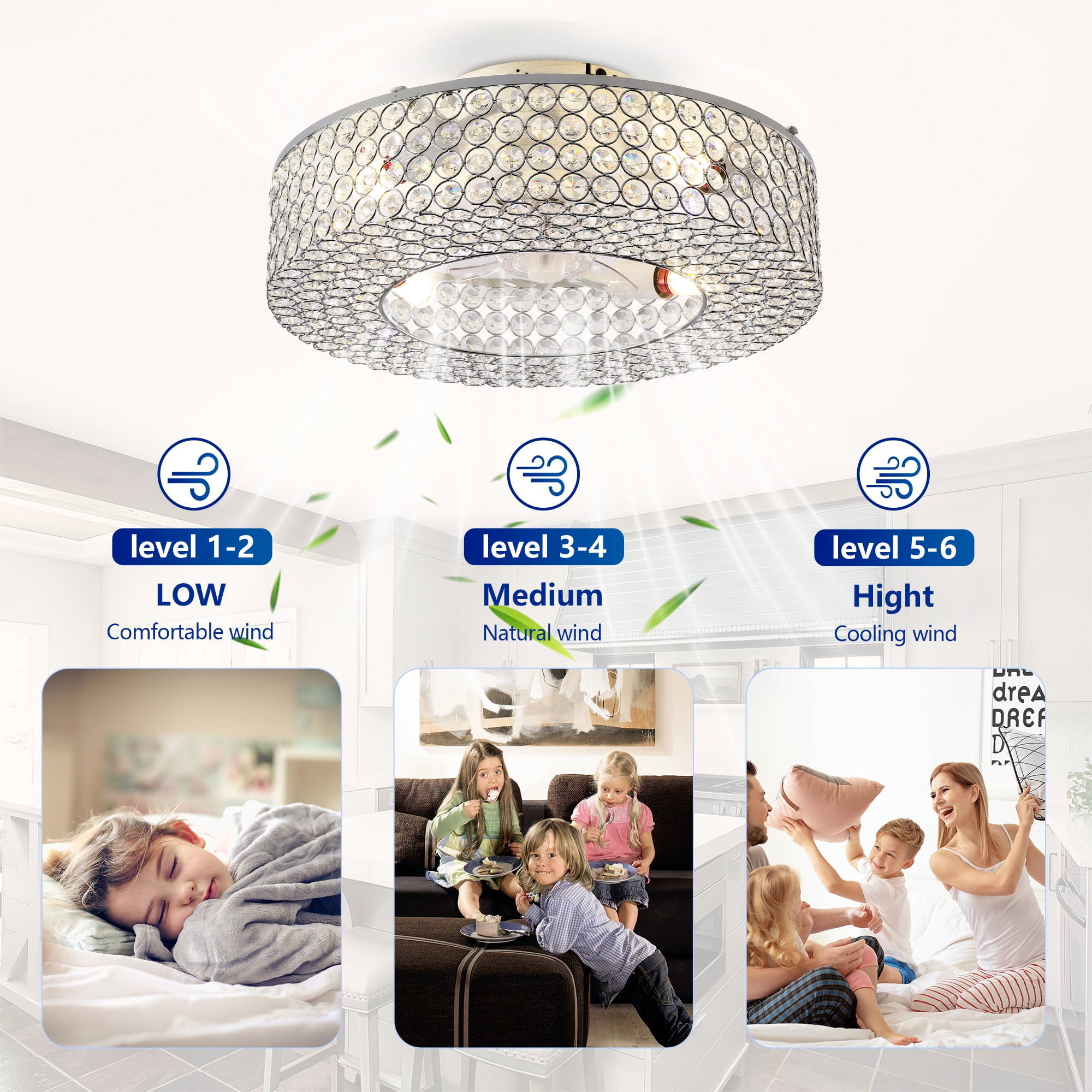 Leumius 19.6" Crystal Ceiling Fans with Light and Remote Control, Chandelier Fan 6 Speed DC Motor Reversible Ceiling Fan for Living Room Bedroom (NOT Included Bulbs)
