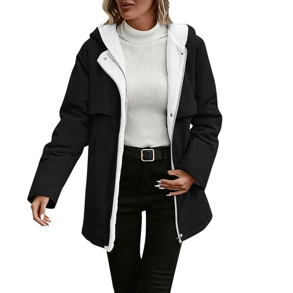 Atogsazn Womens Sherpa Lined Jacket Zip Up Fleece Long Sleeve Hooded Coat Thick Warm Outerwear Clothes Tops Black XL Fashion