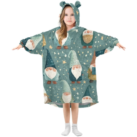 Cute Christmas Gnomes with Stars Presents Flannel Wearable Blankets Hooded Design Long Sleeves Wrap Unisex for 3T-14Y S