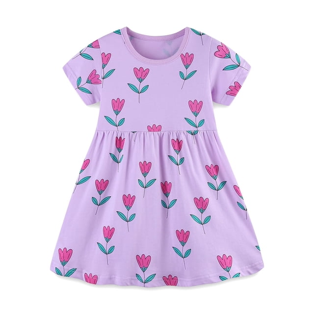 Bonita y cómoda ropa de verano para niñas pequeñas, de algodón, informal, con estampado de dibujos animados, vestidos de manga corta de 2 a 7 años