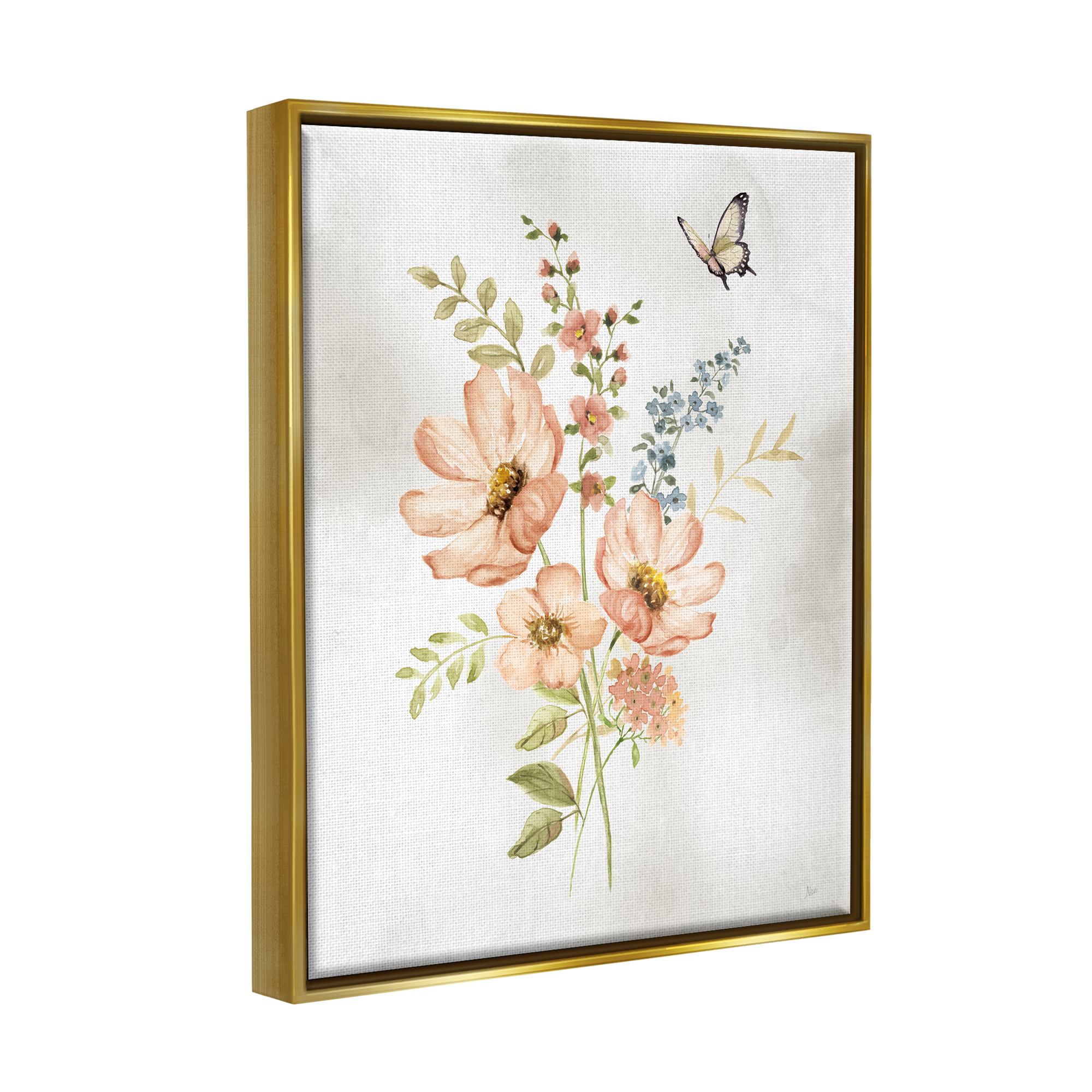 Stupell Industries Pink Daisies & Butterfly Botanical & Floral Painting Gold Floater Framed Canvas Art Print Wall Art, 17 x 21