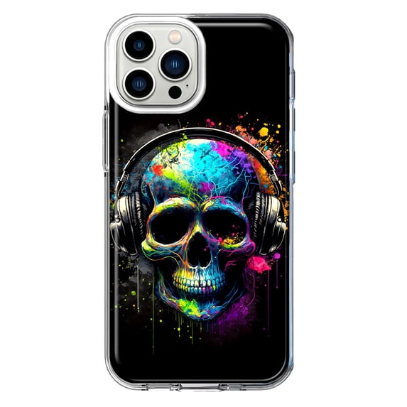 MUNDAZE Apple iPhone 11 Pro Max Shockproof Clear Hybrid Protective Phone Case Fantasy Skull Headphone Colorful Pop Art Cover