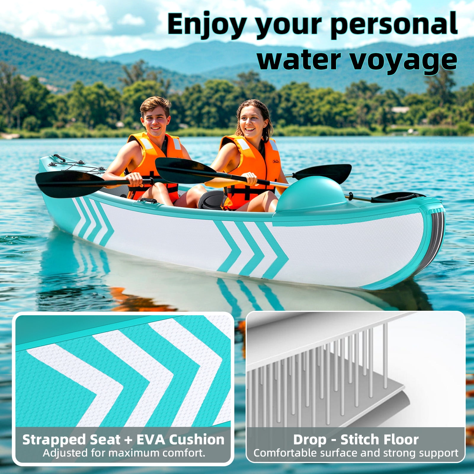 Danrelax 2 Person Inflatable Kayak for Adults, Drop-Stitch Floor, Tandem Kayak, Blue