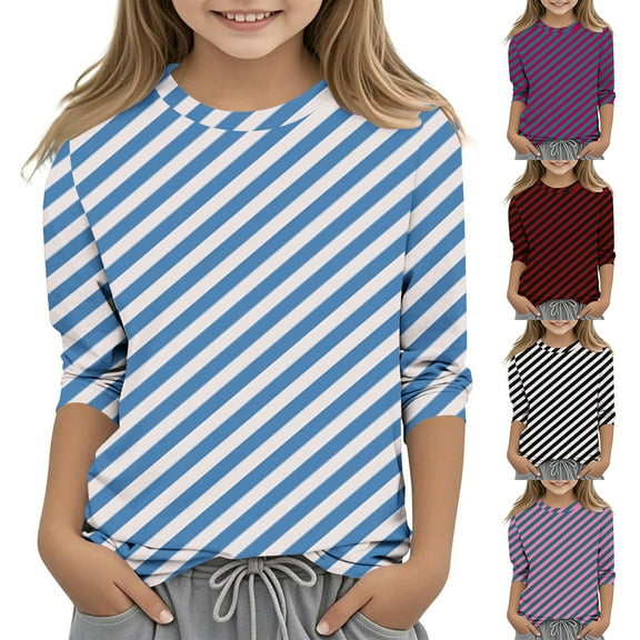 lkfuzj Boys Girls Shirts Interest Stripe Print Tshirt 3/4 Sleeve Top Casual Slim Fit Tshirts 3-12 Years 2025 Fashion Spring Clothes - Blue