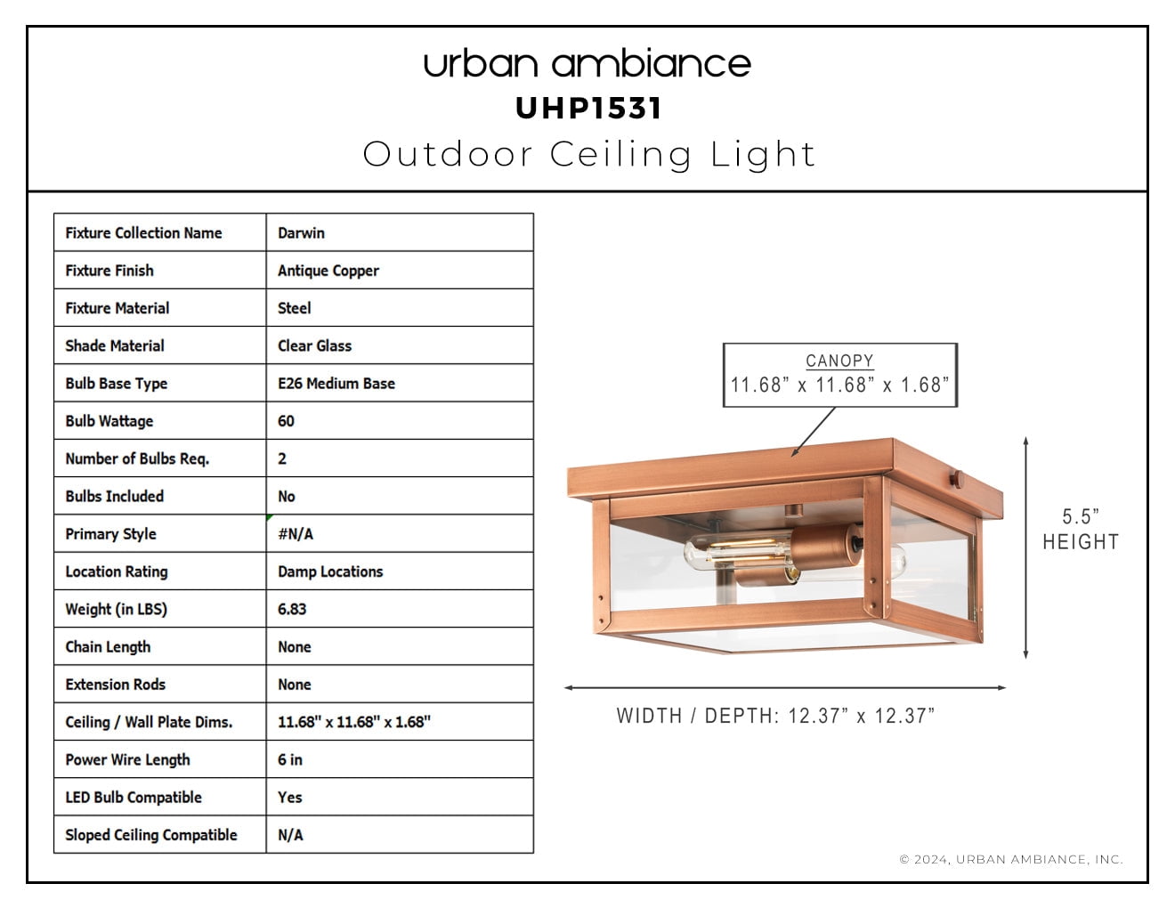 Luxury Modern Farmhouse Ceiling Light, Medium Size: 5.5''H x 12.375''W, with Coastal Style Elements, Antique Copper Finish, UHP1531 from the Darwin Collection by Urban Ambiance