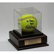 Softball Personalized Acrylic Display Case for 11" or 12" Ball with Custom Ball Stand and Cherry Finish Wood Platform Base - Free No Limit Engraving