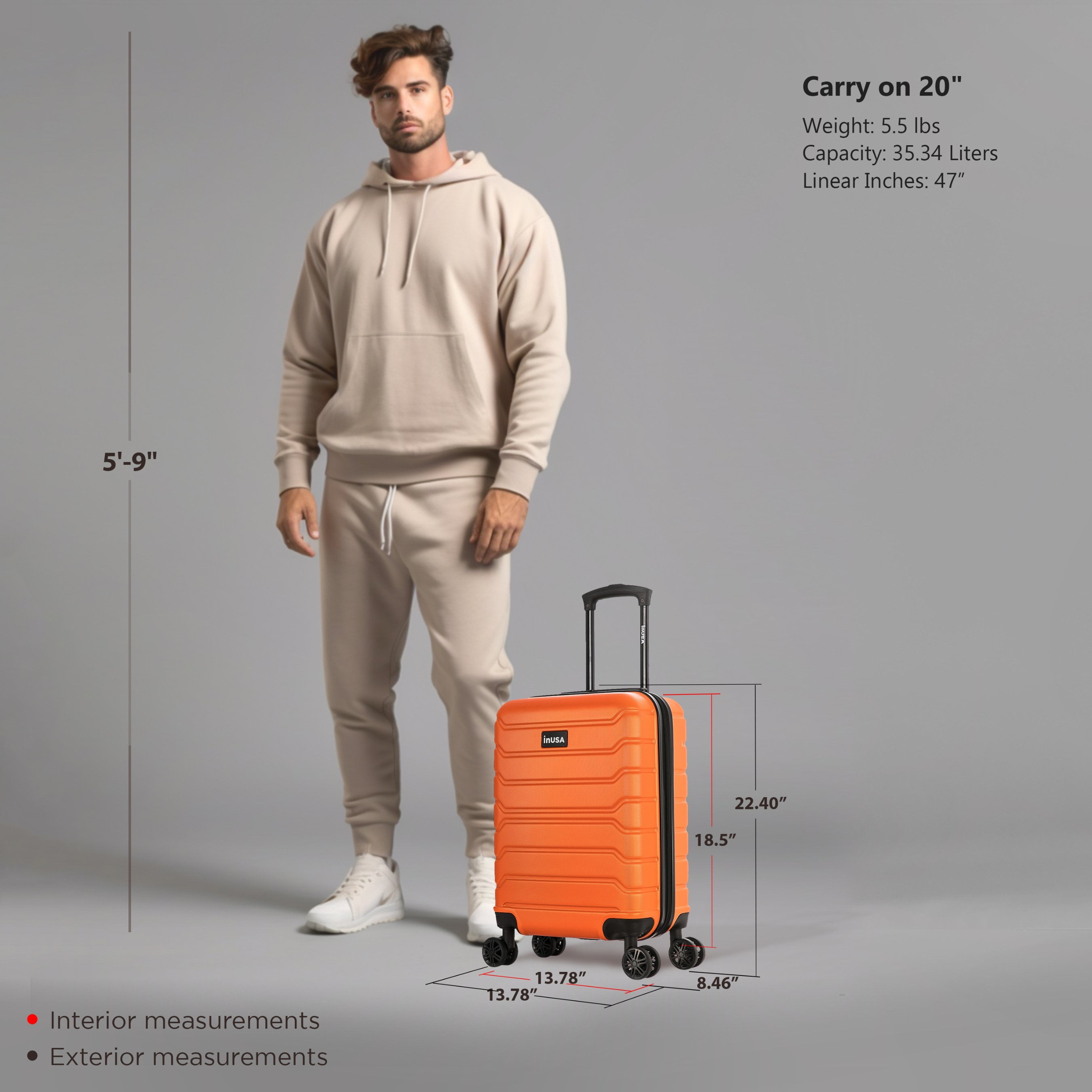 InUSA Trend 20" Hardside Lightweight Luggage with Spinner Wheels, Handle, and Trolley, Orange