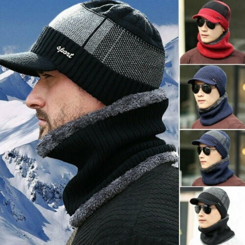 Men Winter Warm Hat Knit Visor Beanie Fleece Lined Beanie with Brim Cap