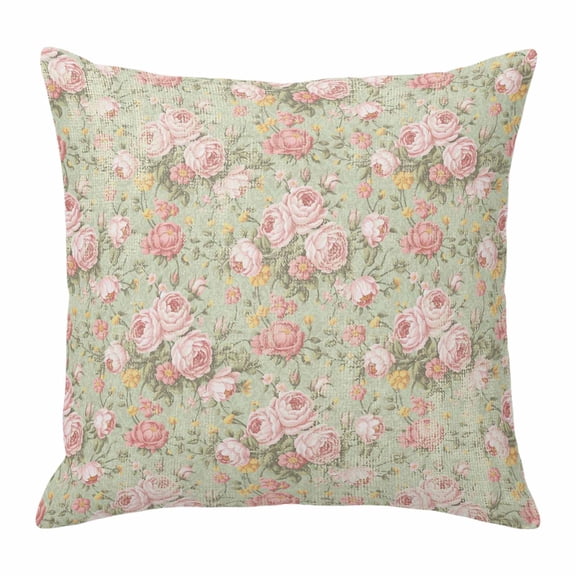Pillow Covers 16x16 Inch, Pink Flowers Linen Pillowcase with Invisible Zipper, Green Country Botanical Floral Leaves Decorative Throw Pillow Covers Cushion Case for Couch Sofa Bed Living Room