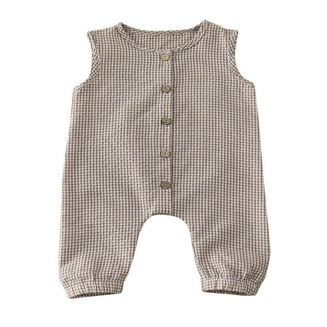 Baby Girls Boys Sleeveless Romper Plaid Button Jumpsuit Overall One Piece Outfits