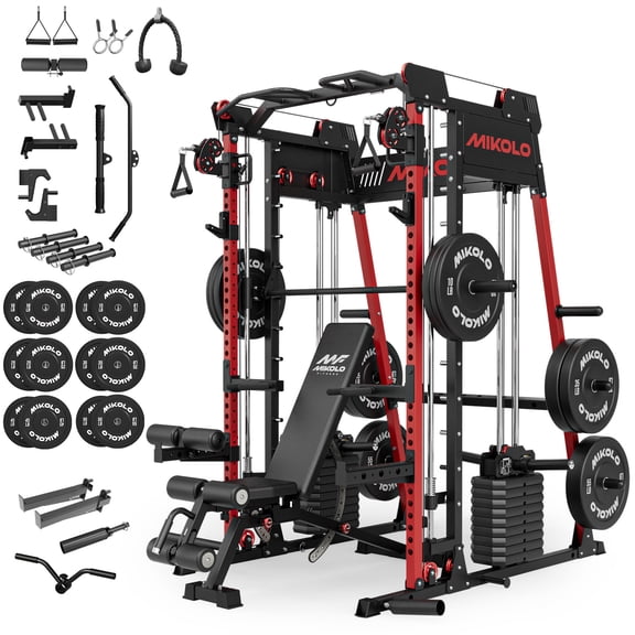 Mikolo Smith Machine, 2000LBS Power Cage Squat Rack with Smith Bar, Two LAT Pull-Down Systems, Cable Crossover Machine and More Cable Attachment for Home Gym