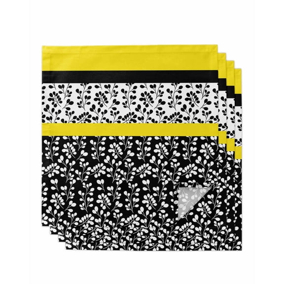 Black Yellow Cloth Napkins Set of 4 Reusable Dinner Napkins, Garden Floral Stripe Aesthetic Flower Boho Cocktail Napkin Washable Table Napkins for Wedding/Holiday Party/Baby Shower 20"x20"