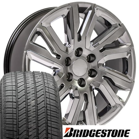 22 Inch Black And Chrome Rims - OE Wheels 22 Inch Fits Chevy Silverado High Country CV37 22x9 Hyper Black w/ Chrome Rim with Bridgestone Tires SET