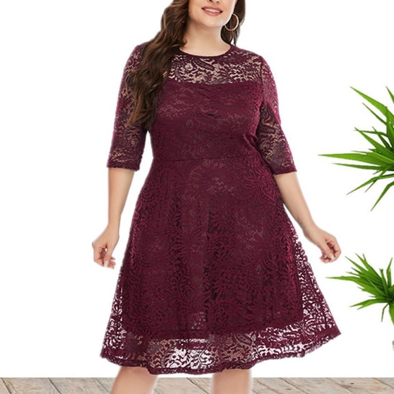 Xihbxyly Womens Flowy Dress Spring Dresses for Women Women's Fashion Sexy Summer Round Neck Lace Short Sleeve Plus Size Evening Dress for Party Casual Wedding