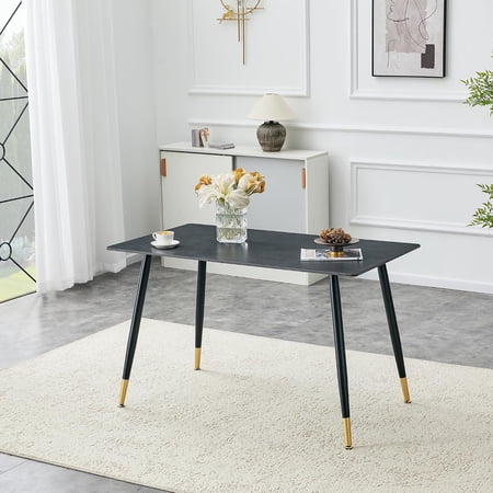 LJAN Modern Kitchen Dining Table Sintered Stone Dining Room Table Rectangle Black Stone Top Dining Table with Black Metal Legs for Small Space Kitchen Office Apartment Cafe