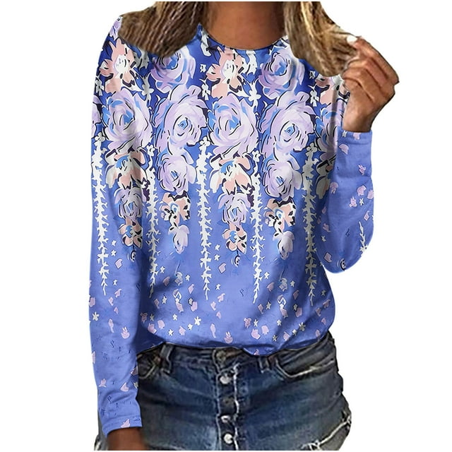 IROINID en Solde T-Shirt à Manches Longues en Polyester pour Femmes Confortable Dames Col Rond Hauts Amples T-Shirts Imprimés Blouse, Bleu Foncé