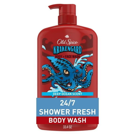 Old Spice Cleansing Body Wash for Men, 24/7 Shower Clean with Lasting Scent, 2 in 1 Face and Body Wash, Rich Lather, Krakengard, Deep Ocean Scent, 33.4oz