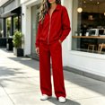 thumbnail image 5 of Women 2 Piece Outfit Set Solid Color Zip up Collared Long Sleeve Top Elastic Waist Wide Leg Pants Loose Casual Tracksuit Loungewear Set with Pockets Red, 5 of 8
