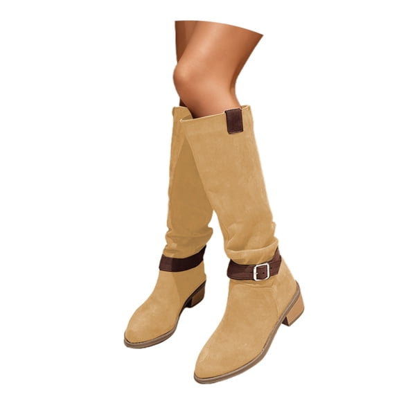 Knee High Boots for Women Wide Calf Sweater Knitted Ruched Comfortable Tall Boots Fashion Side Zipper Low Heel Slouch Buckle Straps Motorcycle Riding Boot Round Toe Vintage Winter Boot