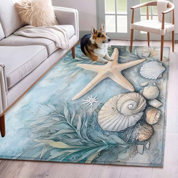 Coastal Starfish Area Rug 4x6 Washable Rug Non Slip Beach Summer Starfish Nautical Shell Blue Large Area Rug Indoor Floor Carpet for Entryway Bedroom Kitchen Living Room Home Office Dining Room