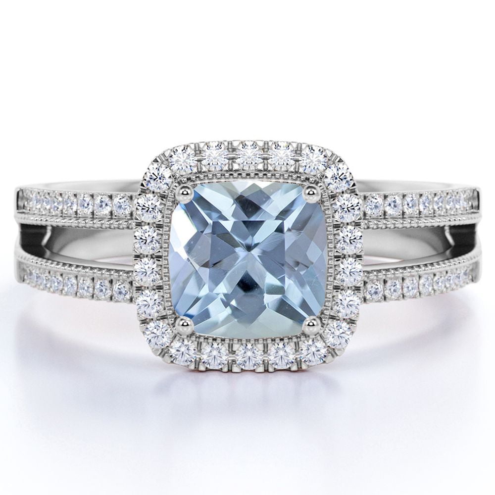 JeenMata Antique 1.75 carat Cushion Cut Created Aquamarine Vintage Halo Wedding Ring in 18k White Gold over Silver