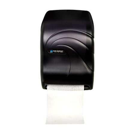 San Jamar Electronic Touchless Roll Towel Dispenser  11.75 x 9 x 15.5  Black Pearl San Jamar Electronic Touchless Roll Towel Dispenser  11.75 x 9 x 15.5  Black Pearl - Sanitary touchless dispensing prevents germ spread. Just tear off towel and sensor activates to present another! Portion control provides 10” length every time. Dispenses all qualities of paper without jamming. Holds rolls up to 8” wide x 8” dia. and one 4” stub roll. Automatic transfer device allows complete usage of stub roll to eliminate waste. Lock prevents pilferage. Operates on four D alkaline batteries (sold separately); battery usage equivalent to dispensing 100  800-ft. rolls. Impact-resistant plastic.