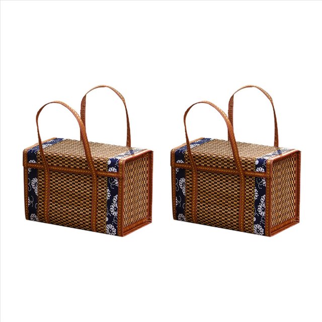 2X Cesta Tejida para Picnic, Bolsa de Almacenamiento de Mimbre Con Asa, Cesta de Bambú Plegable Con Asa para Compras de Frutas Y Alimentos, Cesta de Bambú Plegable B