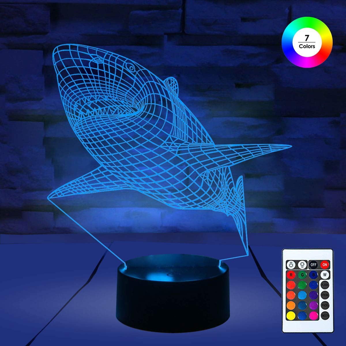 Jawell 16 Colors Auto Changing Dimmable for Shark 3D Illusion Lamp Night Light 