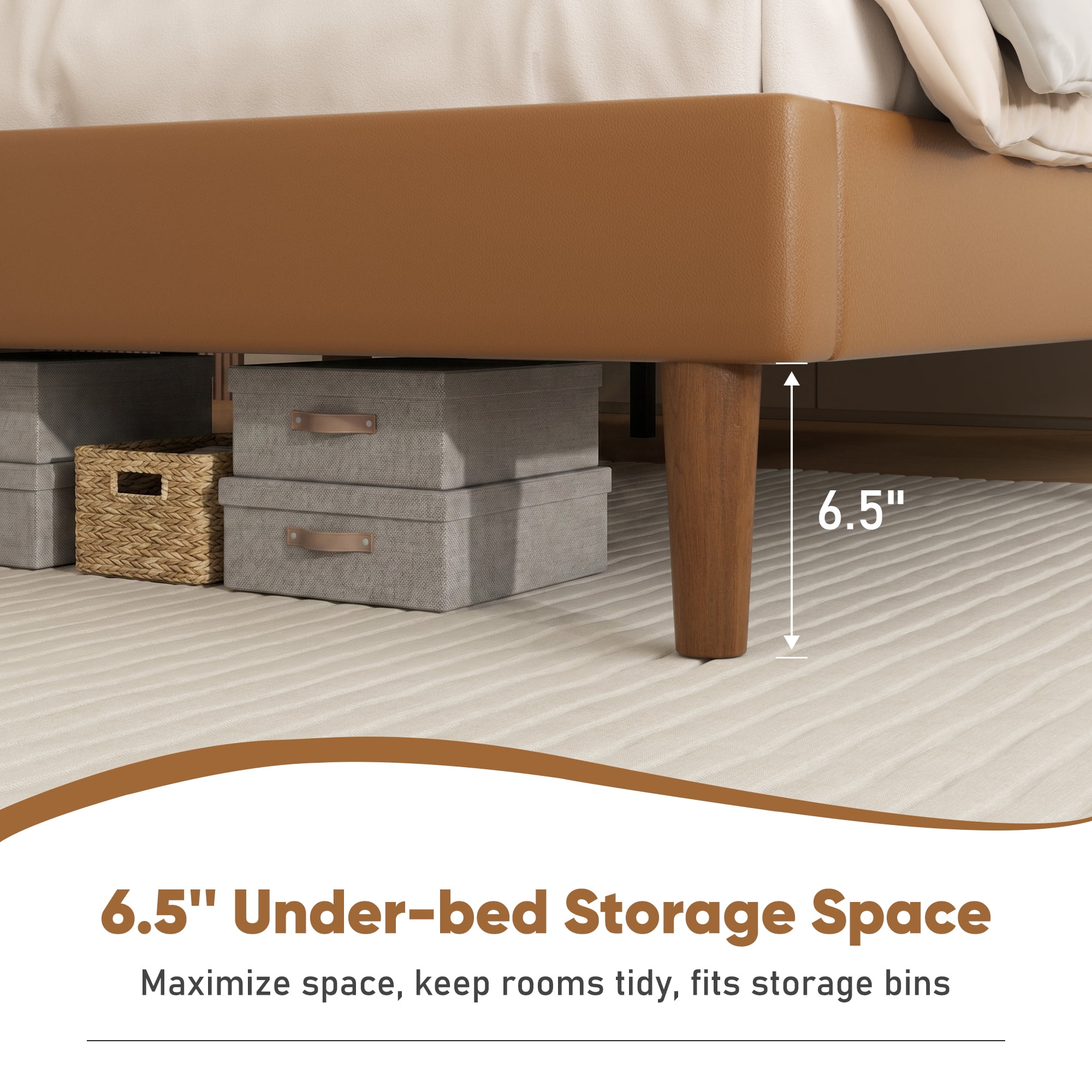 Frostbloom Full Size Faux Leather Platform Bed Frame with Adjustable Headboard, Orange Brown