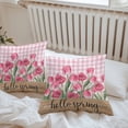 thumbnail image 6 of Throw Pillow Covers 16x16 Inch Set of 2, Hello Spring Waterproof Outdoor Pillow Covers, Pink Tulip Flowers Farmhouse Buffalo Plaid Wooden Decorative Cushion Pillowcases for Couch, Sofa, Bed, Patio, 6 of 9