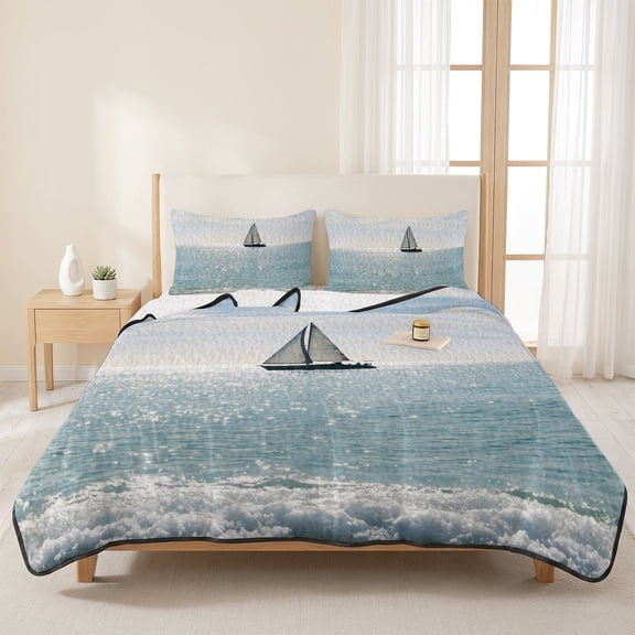 3 Pieces Queen Quilt Set,Nautical Ocean Sailboat Soft Bedding Sets with 1 Quilt & 2 Pillow Shams,Coastal Seaside Natural Sceneric Summer Bedspread Lightweight Coverlet Comforter for All Season