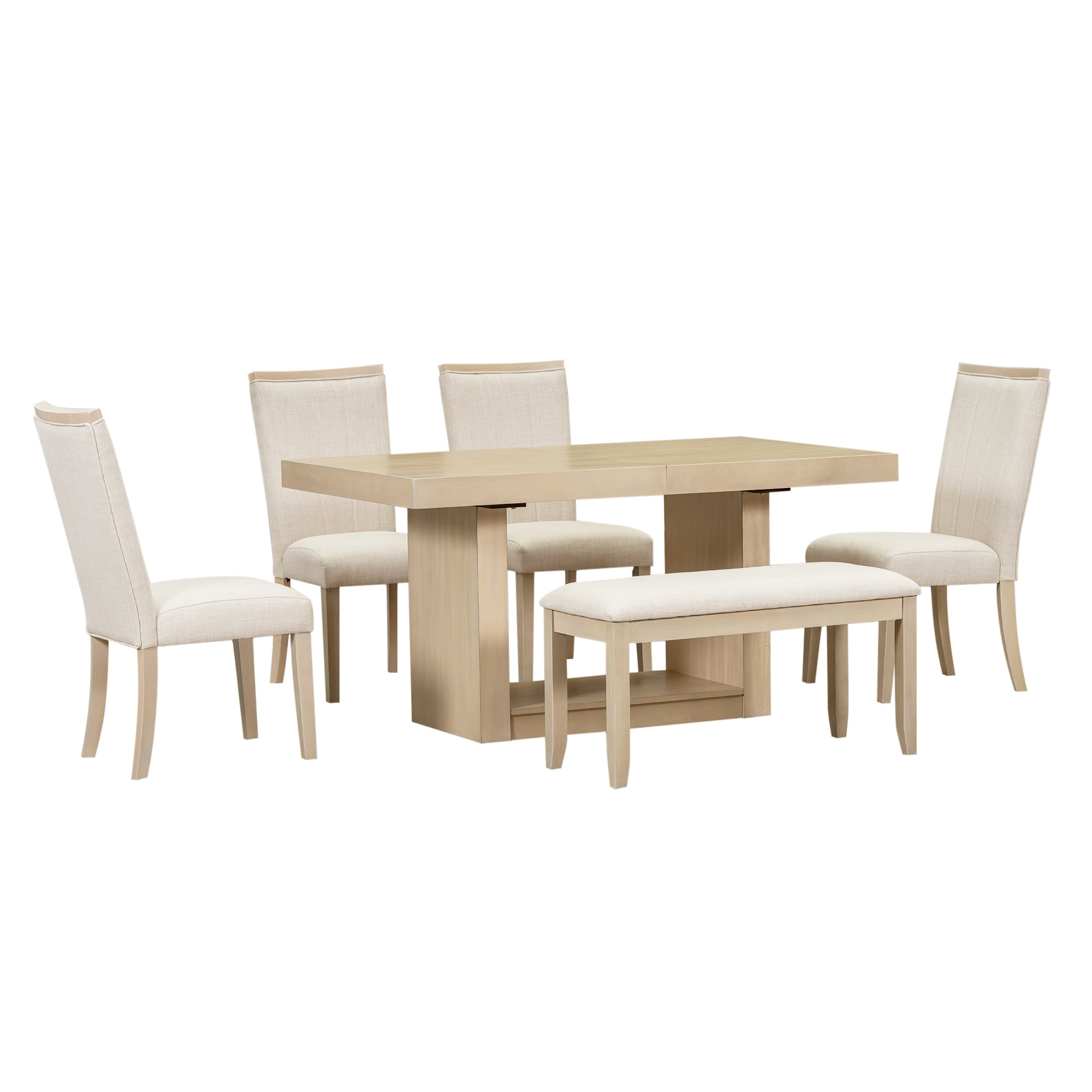 Euroco 6-Piece Dining Table Set for 6, 78" Extendable Pedestal Kitchen Table with 4 Upholstered Dining Chairs & 1 Bench, Wooden Dining Room Furniture Set for Home