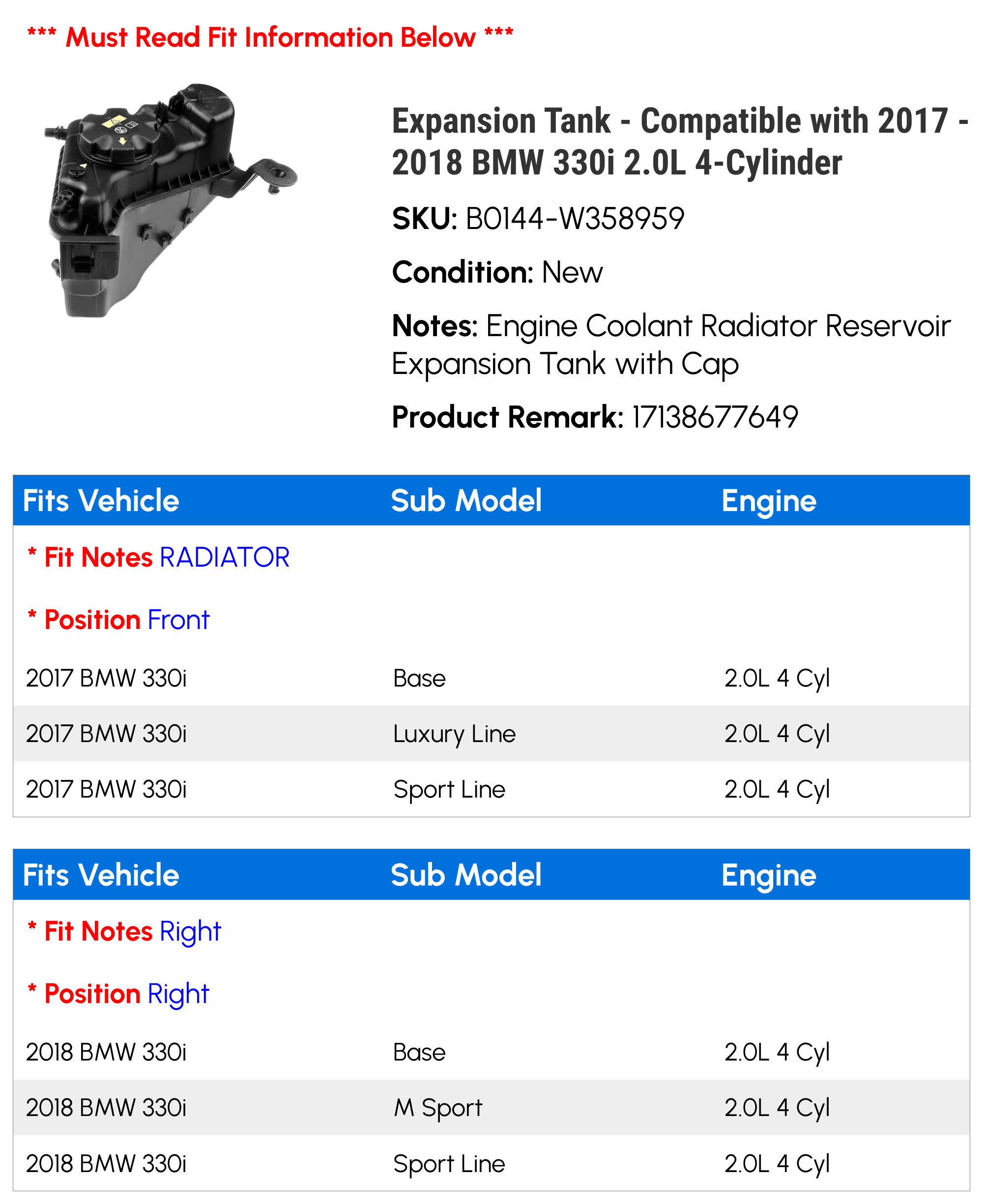 Expansion Tank - Compatible with 2017 - 2018 BMW 330i 2.0L 4-Cylinder - Replacement