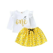 wsevypo Baby Girls 1st Birthday Dress Flying Sleeve Wild One Tshirt/Romper Top and Honeybee Tutu Skirts 2PCS Outfits