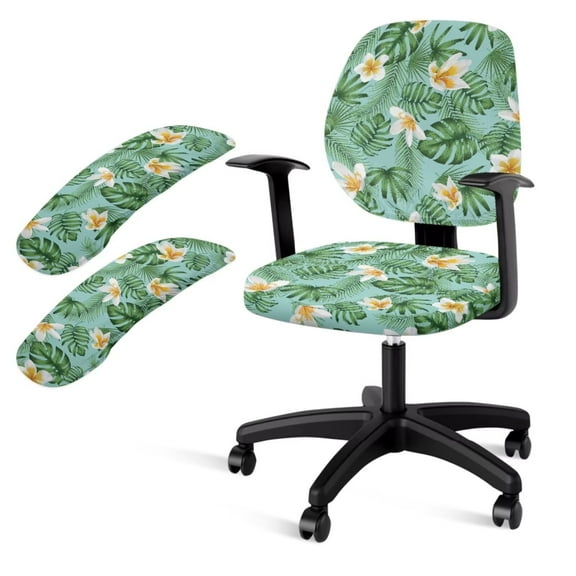 LedBack Computer Office Chair Covers Set of 4, Plumeria Monstera Print Computer Chair Cover with Armrest Covers Dustproof, Palm Tree Print Rotating Boss Chair Slipcovers Anti-Slip